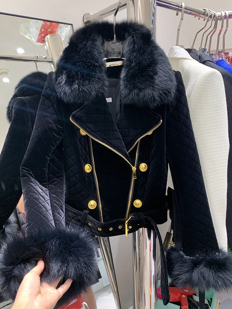 HIGH STREET New Fashion 2024 Designer Jacket Women\'s Fox Fur Collar Detachable Velvet Motorcycle Jacket