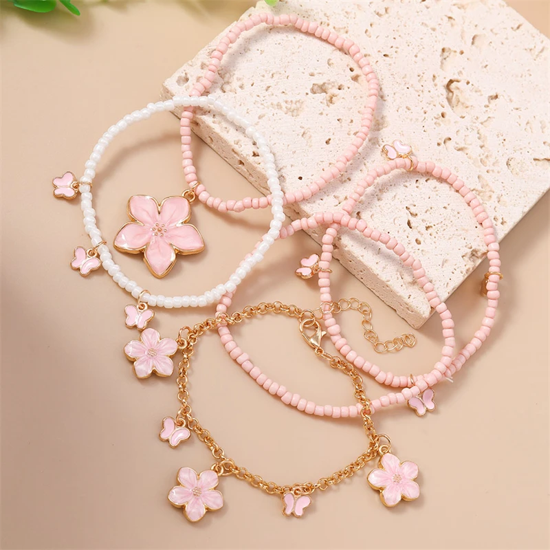 5-teiliges Set Modische Handgefertigte Perlenarmbänder für Frauen, Blumen-Charm-Armbänder, Schmuckgeschenke für Mädchen, Party, Festival – Detail 2