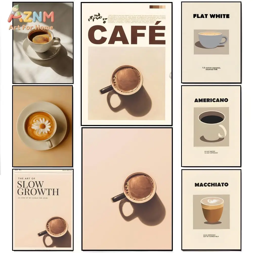AZNM Impression sur toile Café Beige Neutre Latte Americano Macchiato Flat White Typographie Café Art mural sur toile non encadré Cuisine