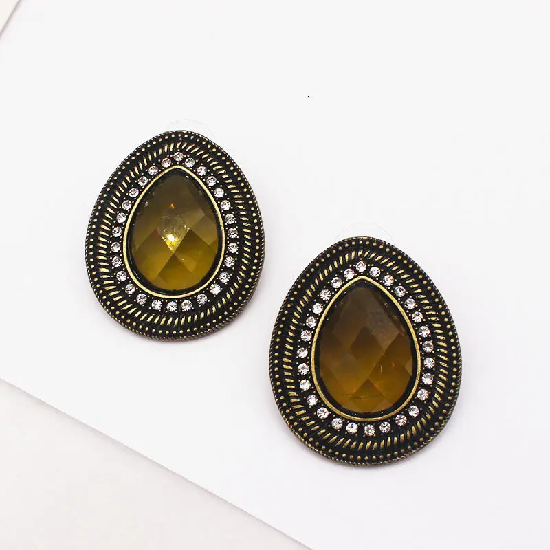 Textured Large Teardrop Glass Earrings Exaggerated Vintage Rhinestone Drop Studs Double Sided Wearable Teardrop Pendant Jewelry