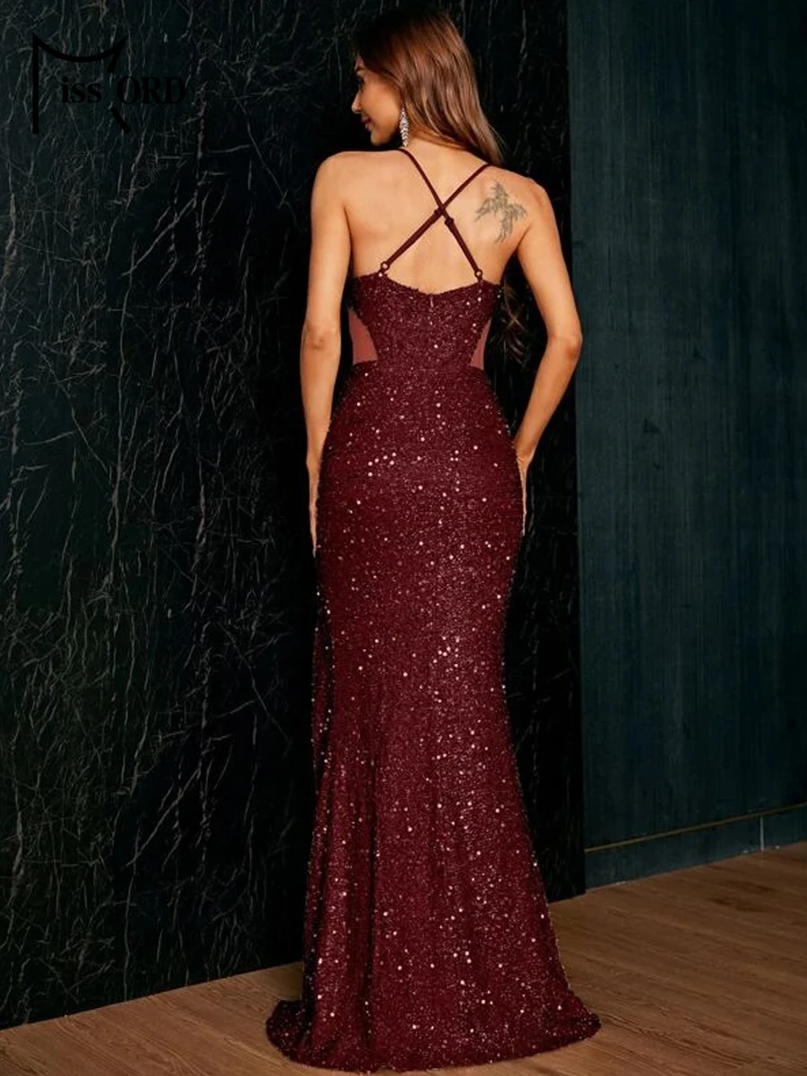 Missord Elegant Wine Wedding Party Dress Women Spaghetti Strap V Neck Sequins Cut Out Thigh Split Evening Prom Dresses Long Gown