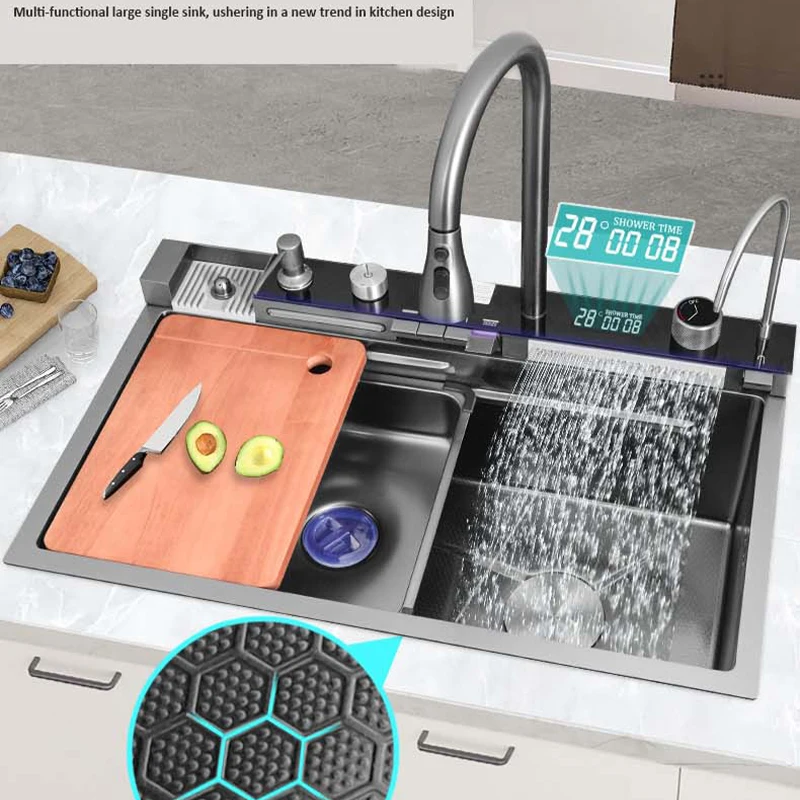 

Modern Whale-shaped Faucet Waterfall Kitchen Sink with Embossed Surface Single Slot Digital Display Dishwashing Basin