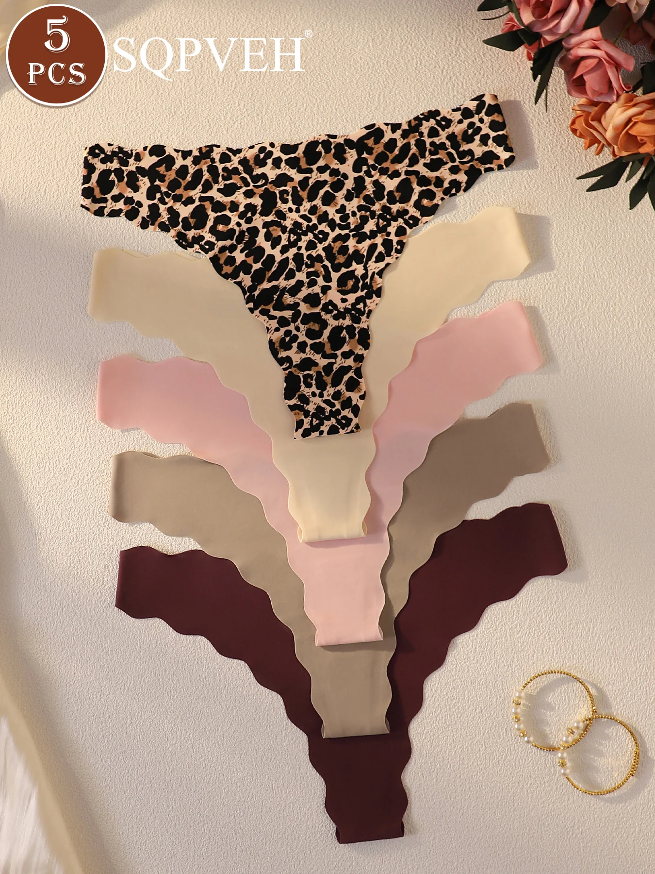 5 PCS Ladies No‑Show Seamless Thongs Wavy Trim Heart Hollow Leopard Pattern Soft Stretch Women Underwear Panties