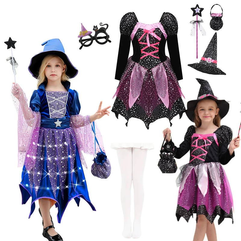 

Girls Halloween Witch Costume Children Cosplay Vampire Princess Dress Dress Up Led Clothes With Hat Bag Carnival Party Outfits