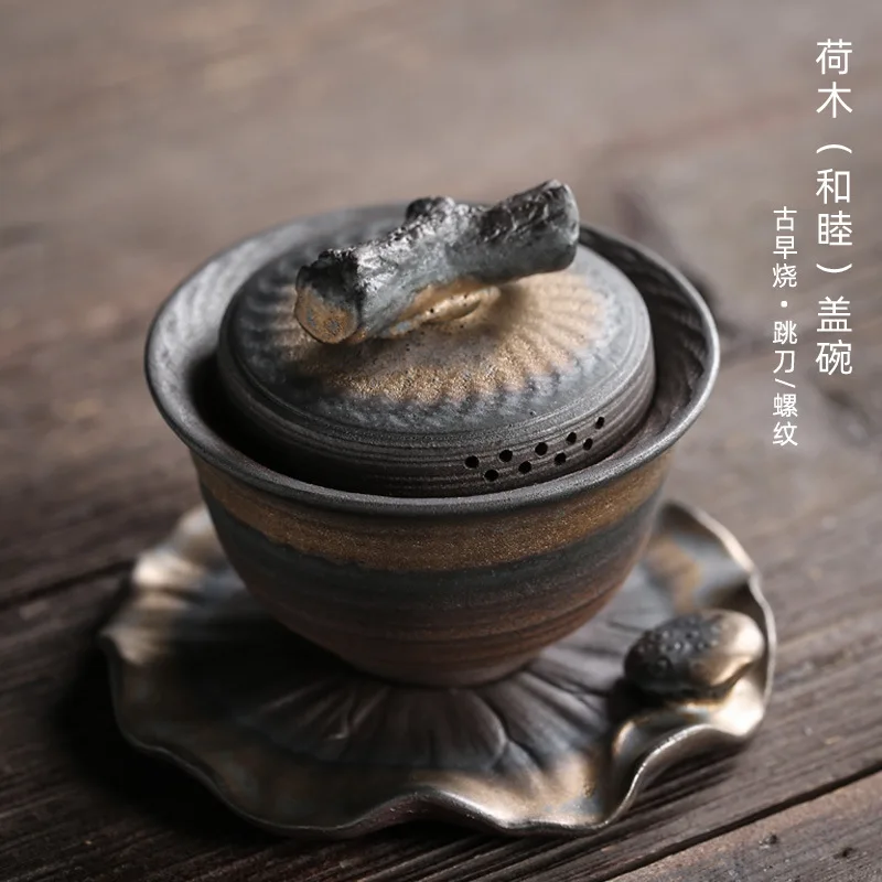 

Ancient Burnt Sancai Cover Bowl Japanese Jumping Knife Teapot Teacup Firewood Burnt KungFu TeaSet Iron Glaze Tea Bowl Collection