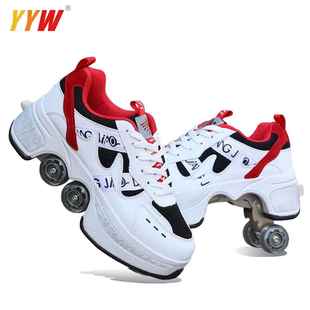 

New Deformation Parkour Shoes Four Wheels Rounds Of Running Shoes Kids Adults Sneakers Unisex Deformation Roller Skating Shoes