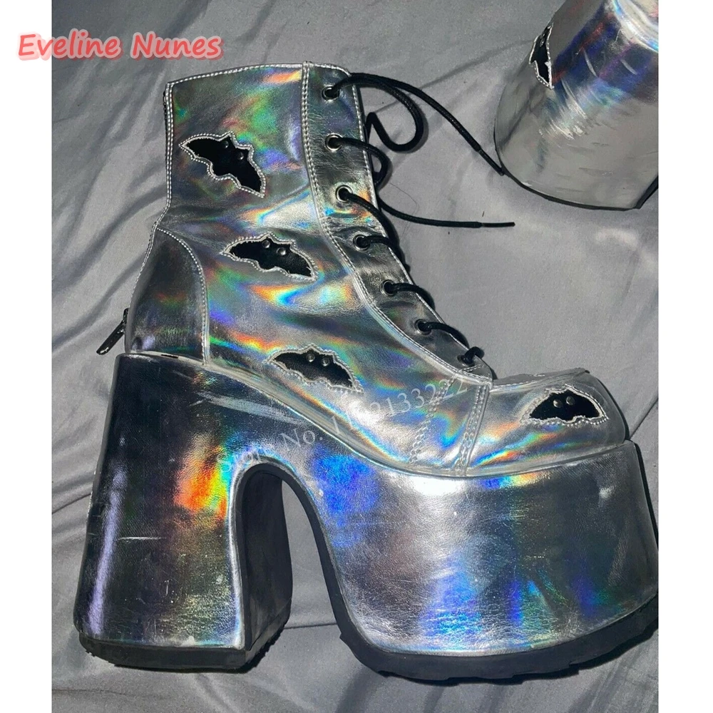 New Silver Platform Cross Strap Mid-calf Boots Women\'s Round Toe Chunky High Heel Fashion Party Plus Size Punk Custom Shoes