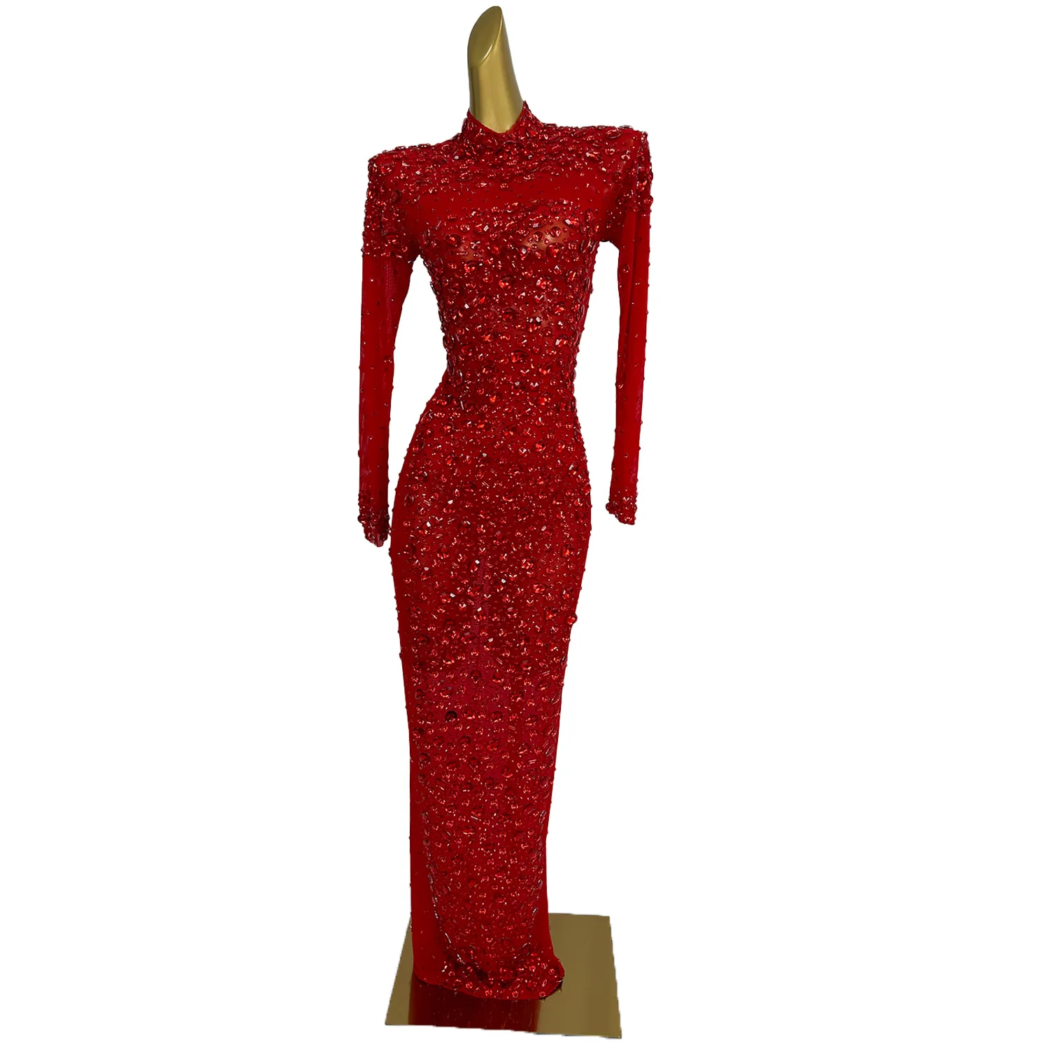 Shinny Red Rhinestone Stretch Mesh Long Maxi Dress Women Evening Birthday Party Prom Gowns Nightclub Singer Stage Wear Cuixing