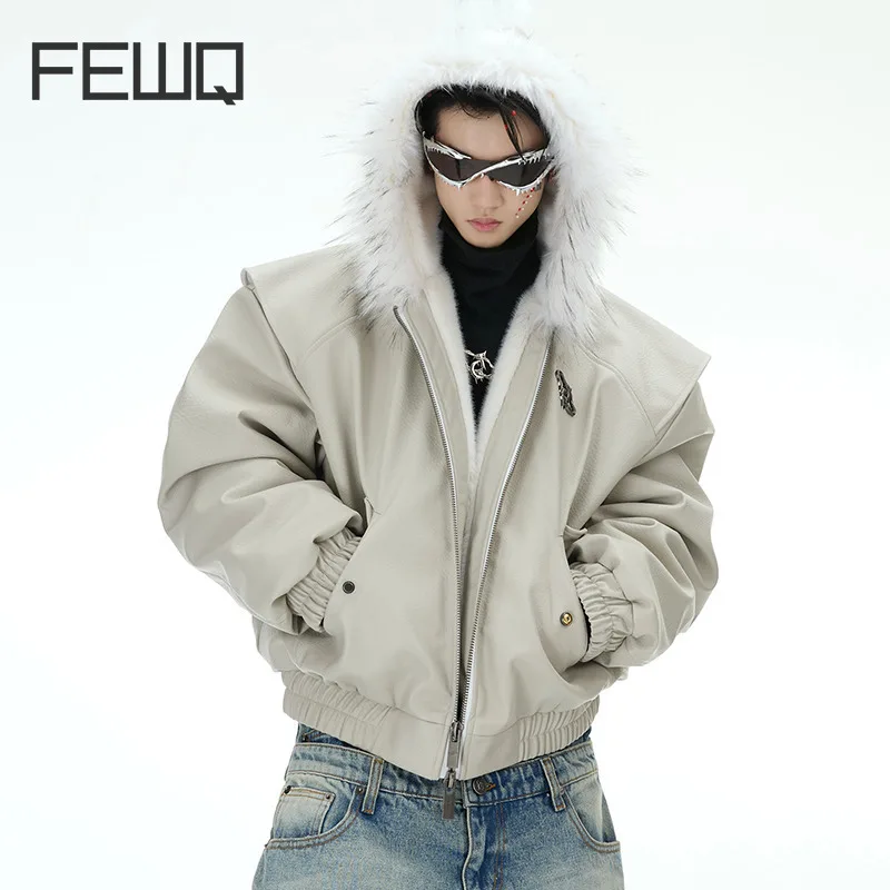 FEWQ PU Leather Men's Padded Jackets Matal Design Fur Collar Solid Color Reversible Thick Hooded Loose Male Cotton Coats 24K1300