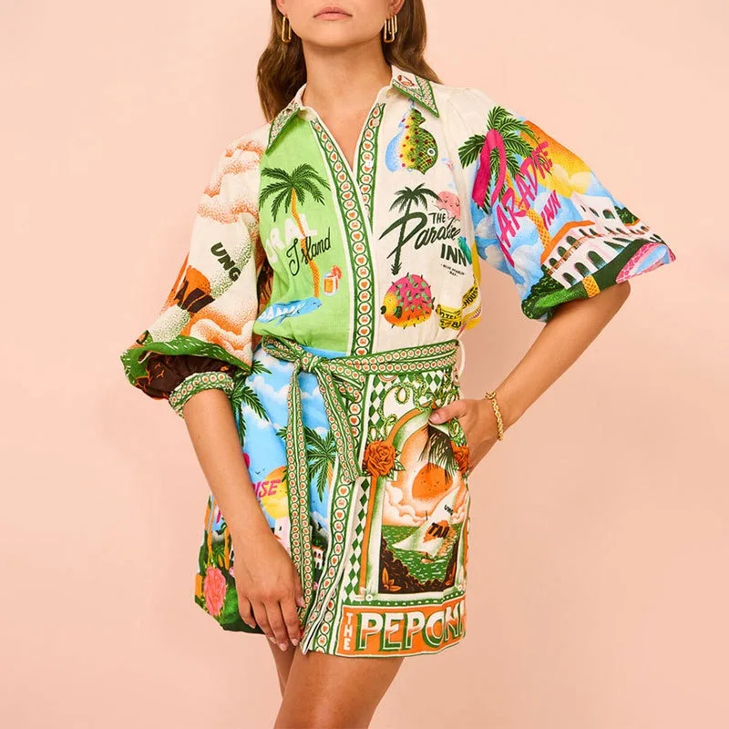 

Women's Fashion Printed Shirt Lace-up Dress 2025 Spring New Female Casual Loose Lapel Button Cardigan Short Dresses Vestidos