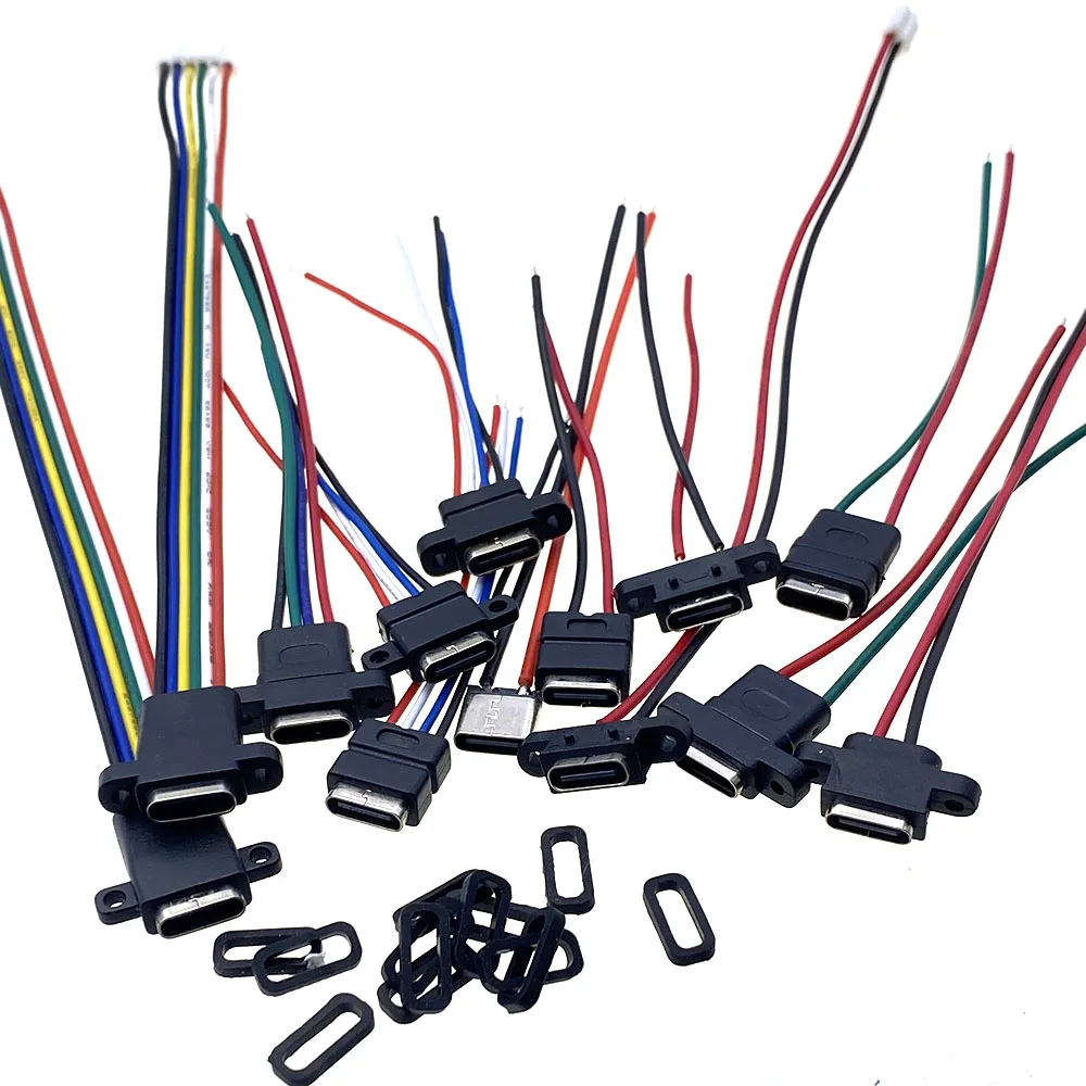 Toma de carga de alta corriente USB-C con anillo de goma, conector hembra impermeable tipo C de oreja recta de 2, 4, 6 pines ﻿