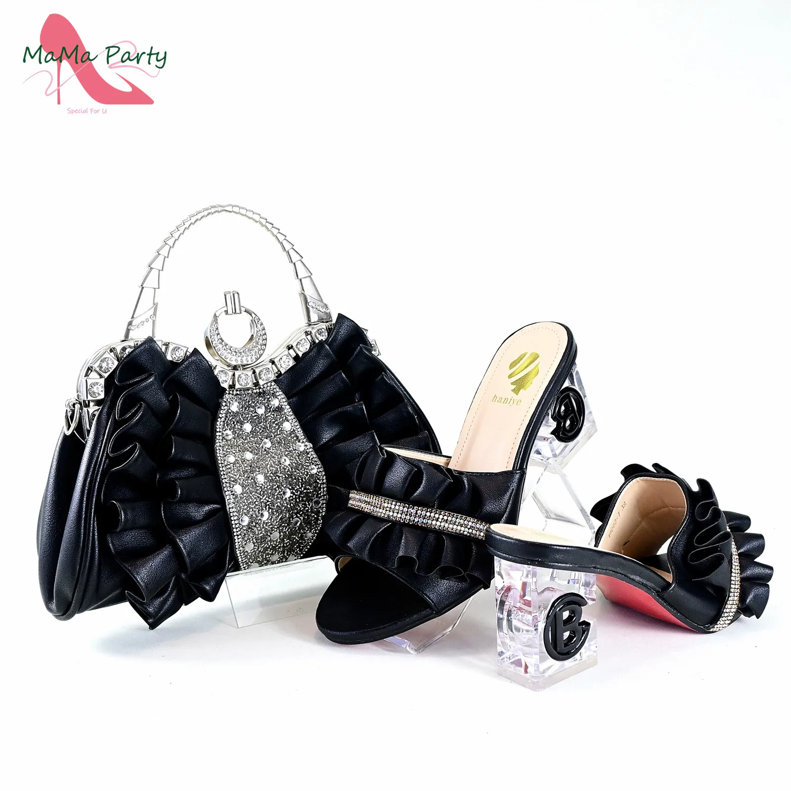 Fashionable New Arrivals Italian Ladies Shoes Matching Bag Set in Black Color with Appliques 2024 INS Hot Sale Slipper for Dress