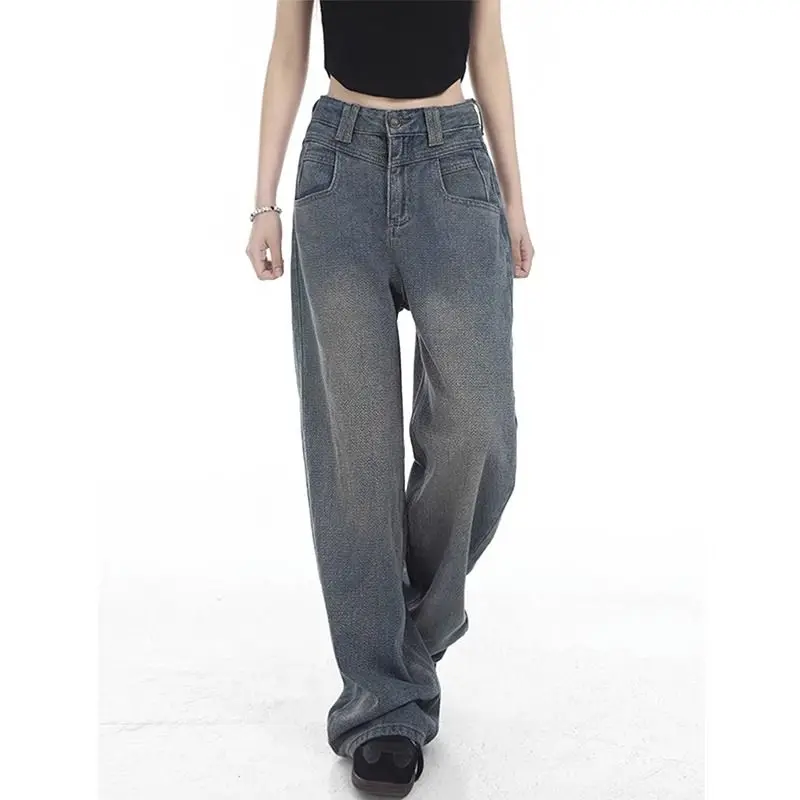 กางเกงยีนส์ผู้หญิงลายดาวสไตล์อเมริกันย้อนยุค ทรงตรงหลวม ช่วยพรางหุ่น สำหรับฤดูใบไม้ผลิและฤดูใบไม้ร่วง รุ่น Fce Lined Thiened