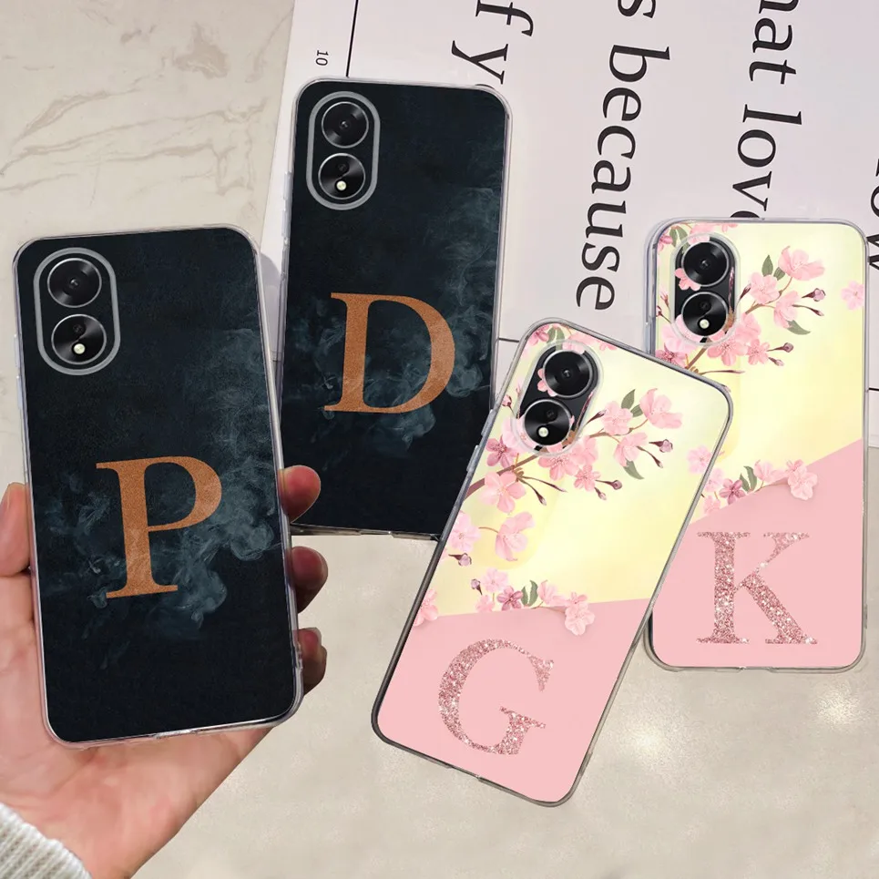 For Oppo A18 CPH2591 Phone Cases Transparent Soft TPU Silicone Flower Letter Back Cover For Oppo A38 4G CPH2579 Bumper Funda