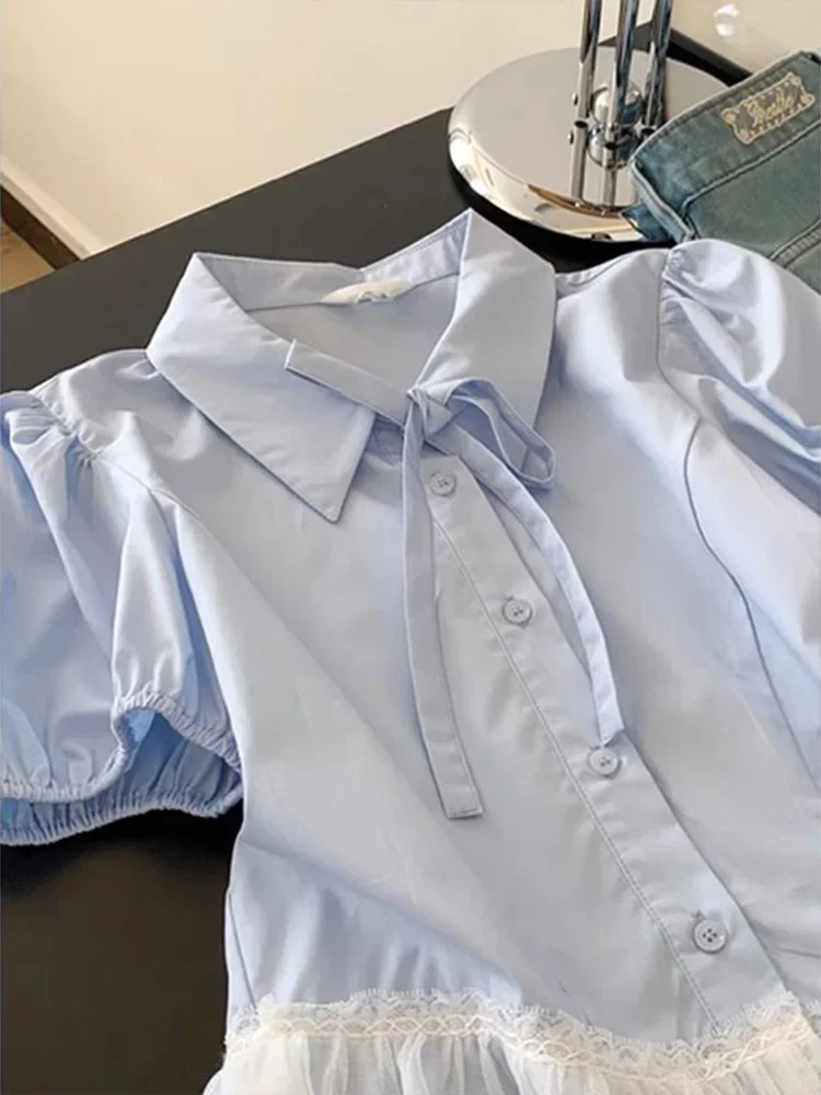 

Vintage Sweet Blue Shirt Women Cute Lace Patchwork Bow Blouse French Casual Preppy Style Short Sleeve Elegant Kawaii Tops