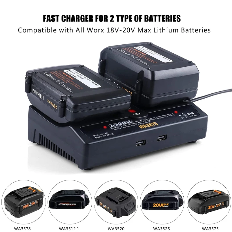 WA3875 Battery Charger Replacement For Worx 18V 20V WA3512 WA3520 WA3575 WA3578 WA3742 WA3732 WA3881 WA3847 WA3868（NO Battery)