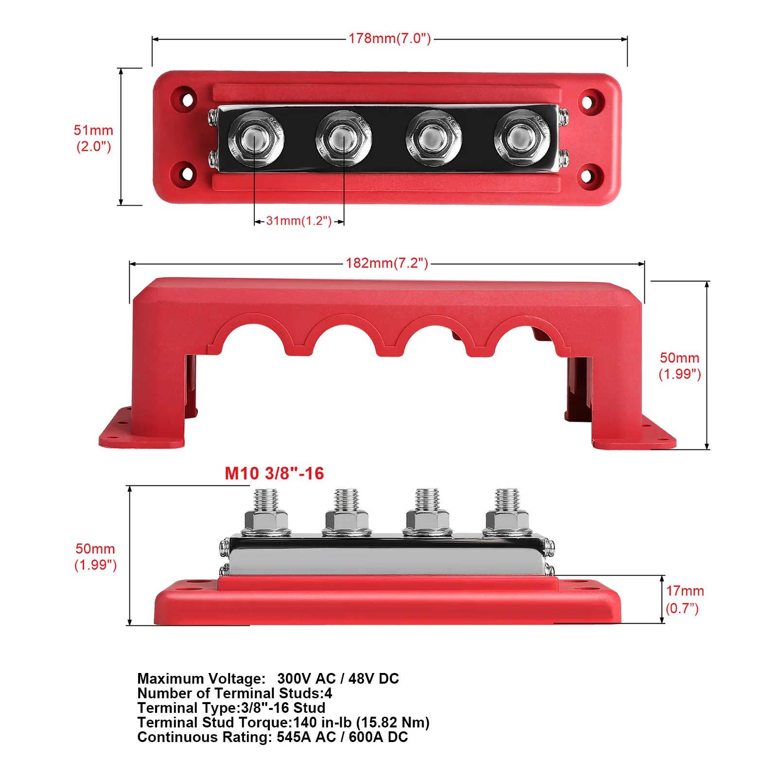 M10 Power Distribution Block Bus Bar 600A Buss Bar 24v Electrical Terminal Block 3/8 inch for Caravan Truck Boat Car Camper RV