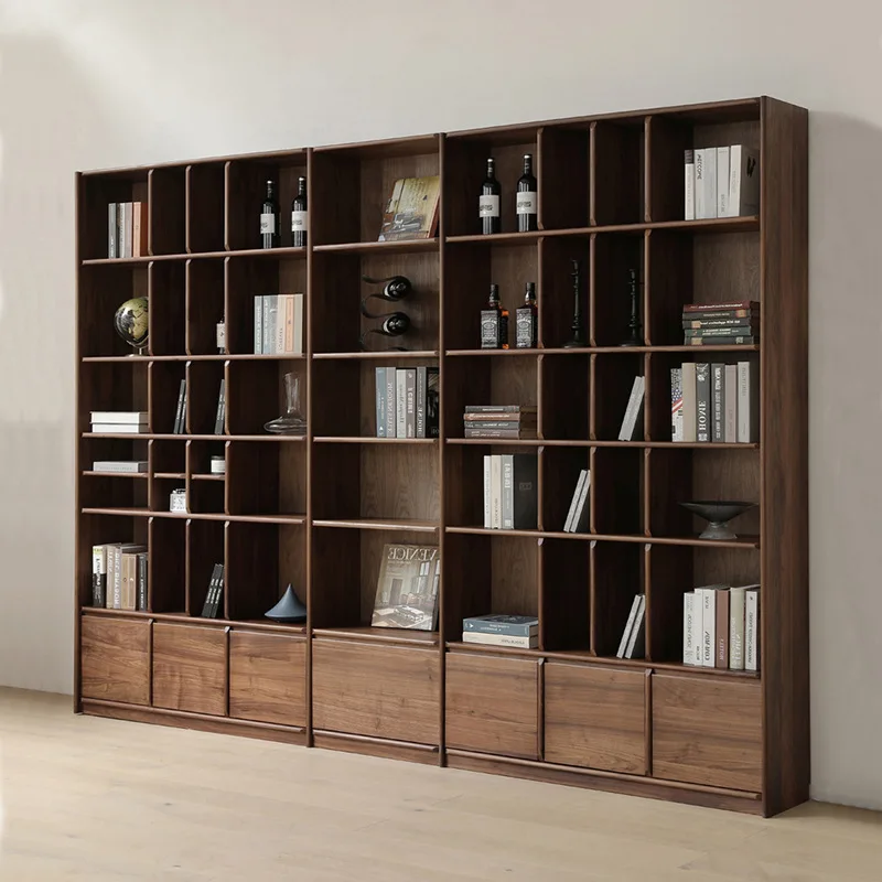 Nordic black walnut, solid wood bookshelf, floor-to-ceiling simple wall bookcase, oak