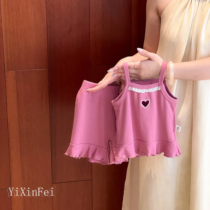 Girls Sweet Set Summer 2026 New Stylish Lace Heart Strapless Shorts Baby Girl Home Wear Two Piece Set