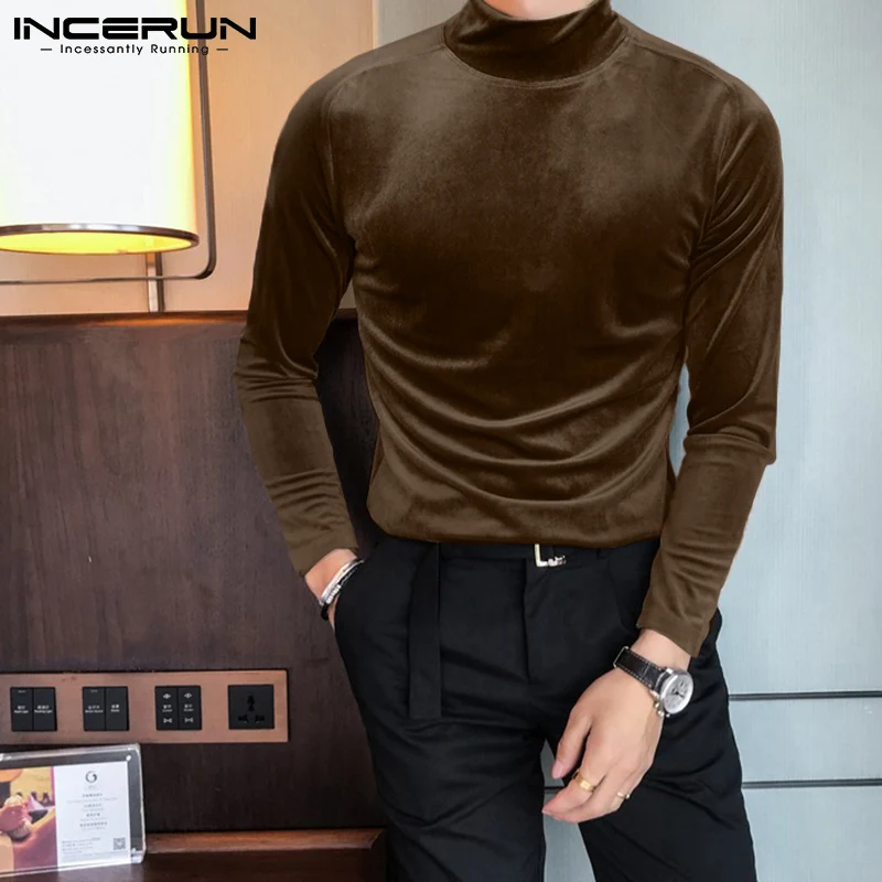 INCERUN 2024 Men T Shirt Velour Turtleneck Long Sleeve Leisure Undershirt Solid Color Streetwear Fashion Casual Tee Tops S-5XL