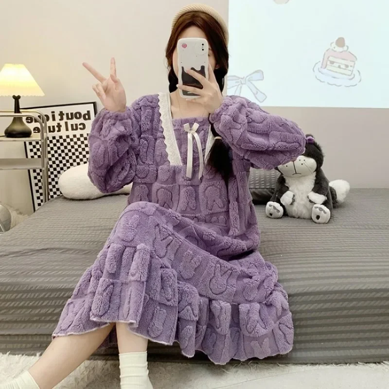 5xl фланелевые ночные рубашки большого размера, женские зимние толстые теплые пижамы, корейская студенческая ночная рубашка, коралловый флис, уютная домашняя одежда