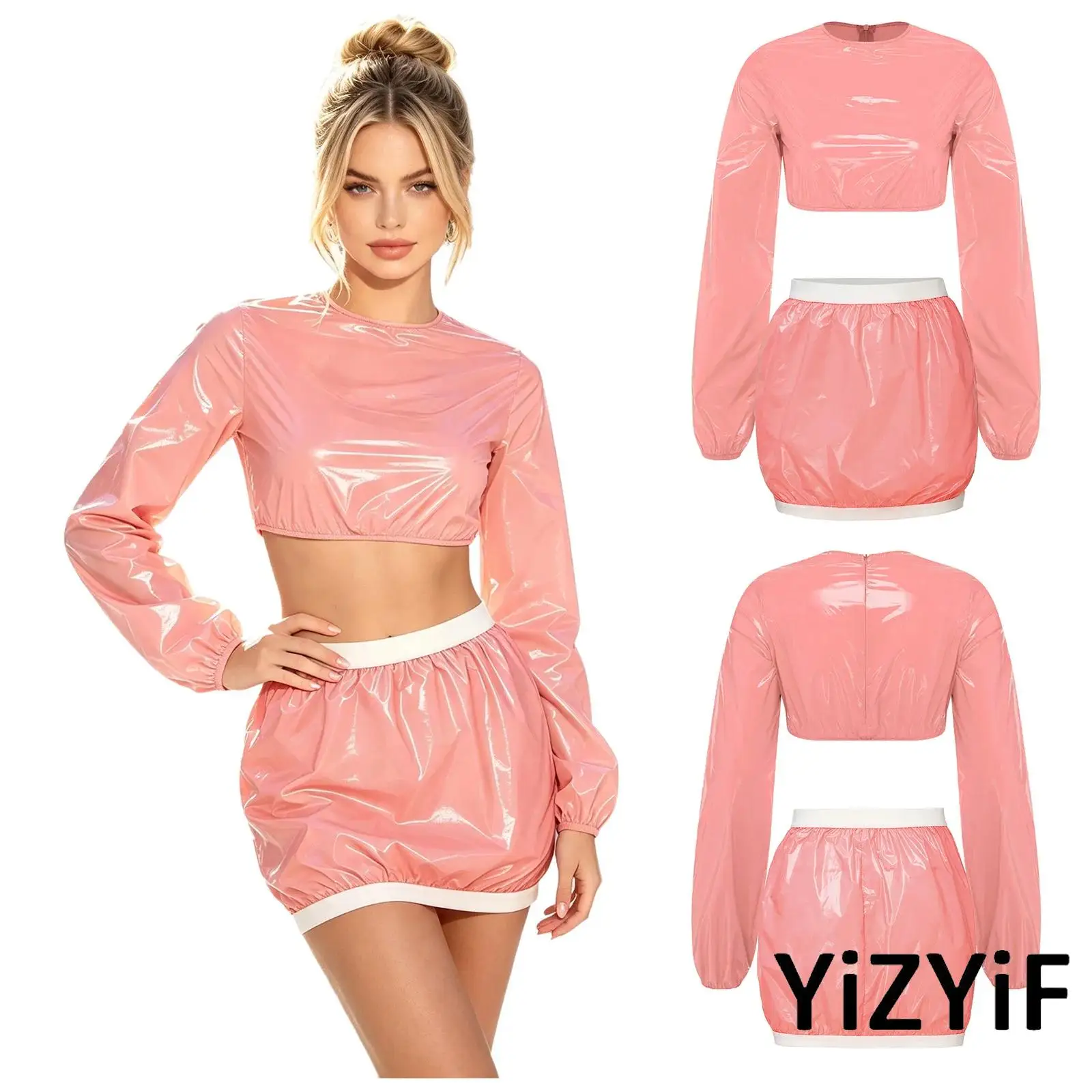 Women Waterproof Clubwear Crew Neck Long Sleeve Back Zipper Crop Sweat Top and Cover Up Miniskirt Swimwear for Pool Party