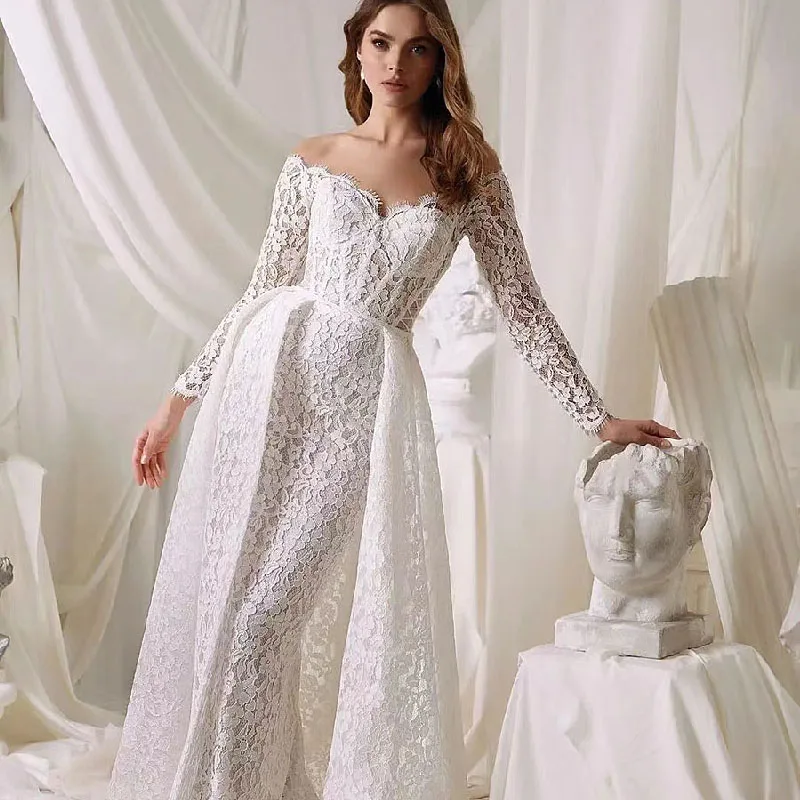 

Vintage Gorgeous Bridal Gowns Wedding Dresses with Detachable Train Lace Appliques Full Sleeves Robes Vestidos De Novia 2025