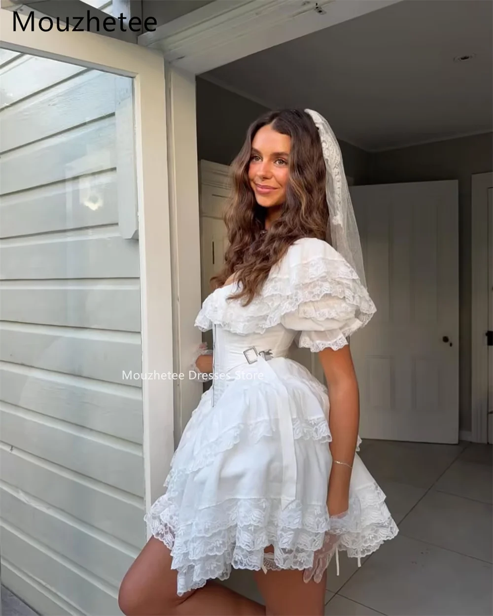 Mouzhetee A-Line Simple Mini Pleat Lace Wedding Dresses Square Neck Elegant Brides Gown Custom Made 2026