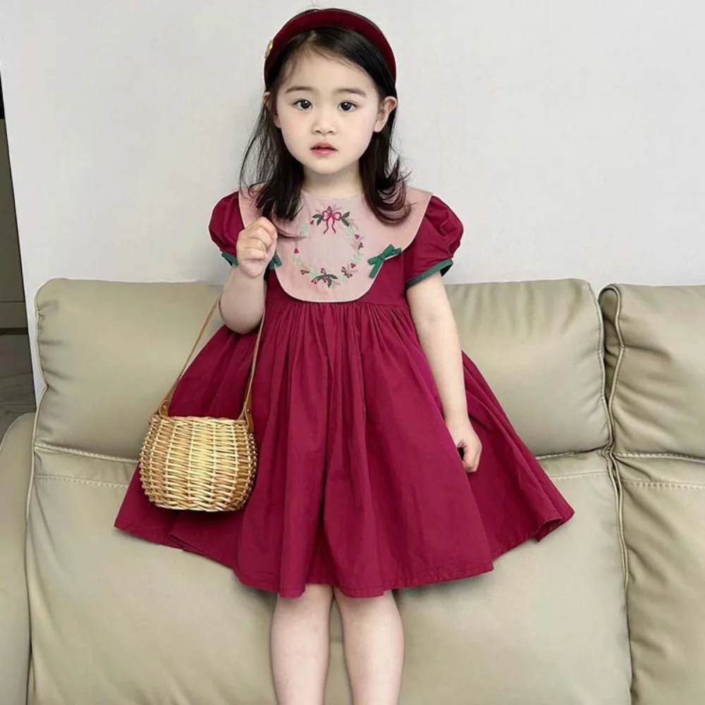 

2026 Summer 1-12Y Girls Dress Vintage Puff Sleeve Embroidered Princess Gown For Kids for 90-140cm