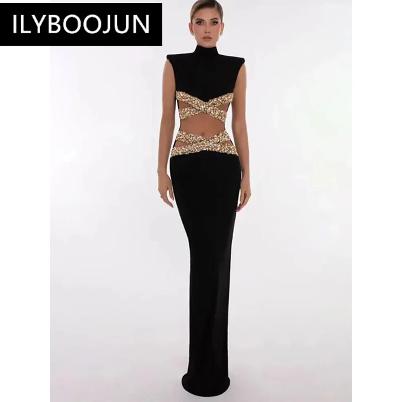 Robe longue fendue à perles noires précieuses pour femmes, robe de soirée bandage, marque de luxe, club sexy, célébrité, 2024