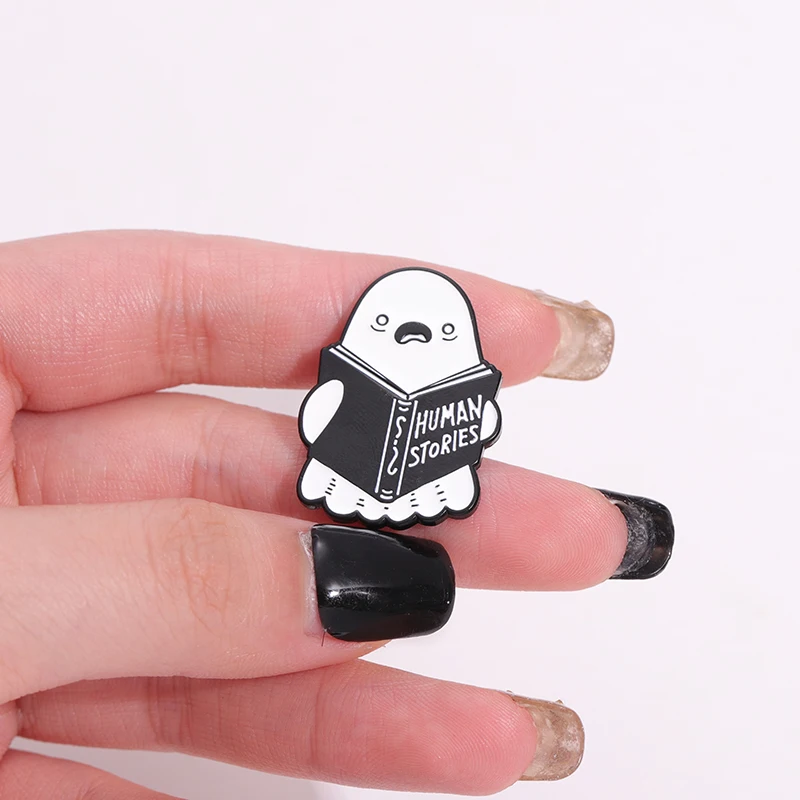 Human Stories Boo Enamel Pin Cute Ghost Bookworm Brooches Backpack Collar Lapel Badge Halloween Punk Jewelry Gift For Kid Friend