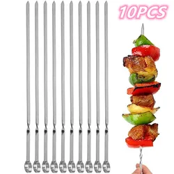 Stainless Steel Barbecue Skewers Stick Set, Reusable Kebab Sticks, Flat Metal, BBQ Tool, Meat, Shrimp, Chicken, 10 Pcs