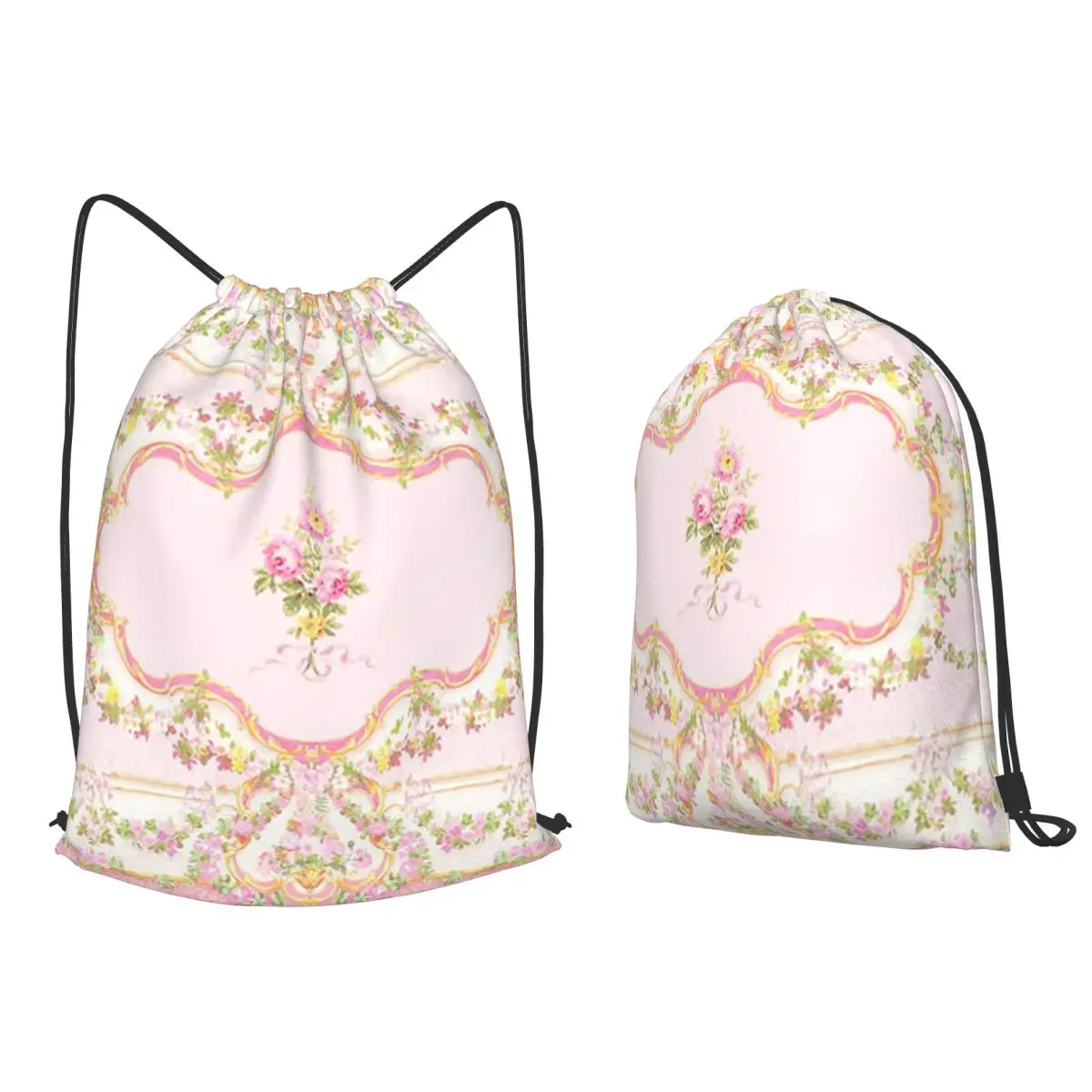 French Rococo Pink Floral Watercolor Panel Backpacks Fashion Drawstring Bags Sundries Bag Book Bags for Man Woman School