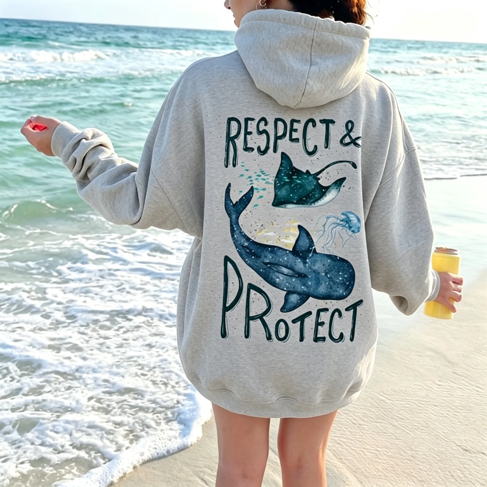 Respeto y protección hacia el tiburón ballena, ropa de estilo inspirado en el océano, sudadera con motivos de criaturas marinas, ropa de niña con estampado de cocos, ropa con motivos de animales marinos y naturaleza.