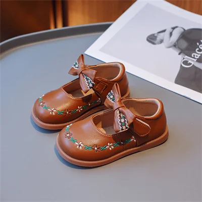 Embroidered Pearl Bow Round Toe Beige/brown Princess Shoes, Spring and Autumn Fashion Outdoor PU Shoes for Girls, Size 21-34