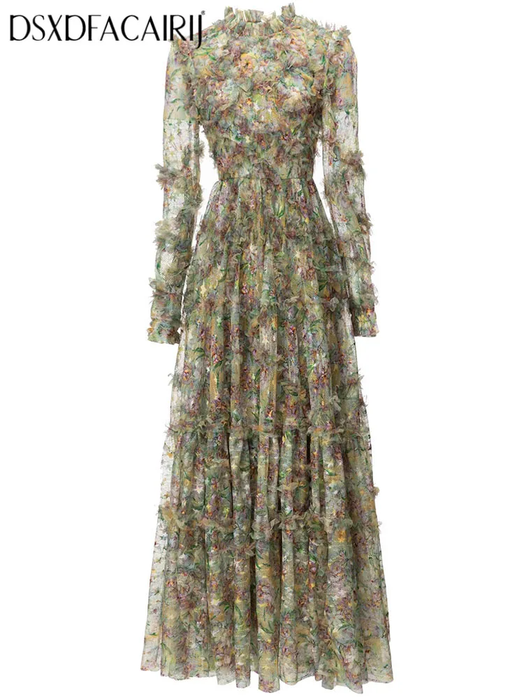 

DSXDFACAIRIJ Women's Flower Print Mesh Maxi Dress O-Neck Long Sleeve Ruffle Detail Elegant Party Spring Fashion Female