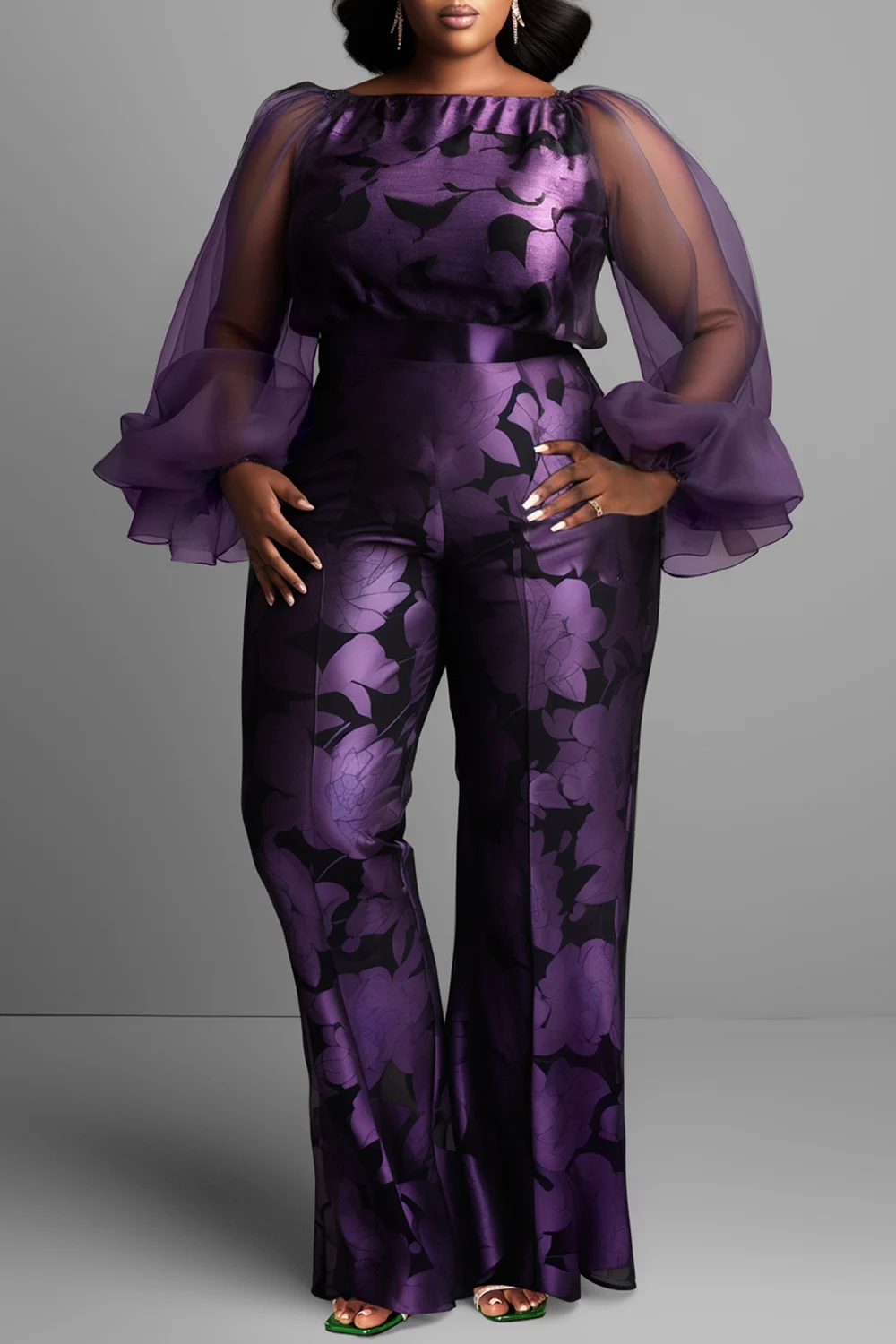 Plus Size Formal Purple Floral Boat Neck Lantern Sleeve Long Sleeve See Through Elegant Satin Tulle Jumpsuits