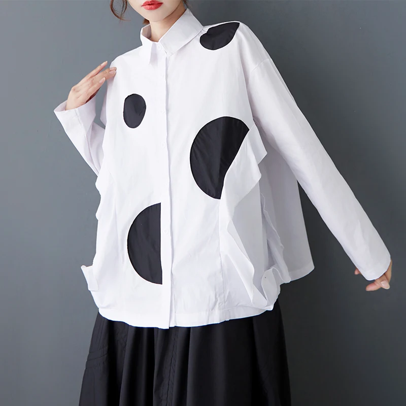 

Faionable Polka Dot Asymmetrical Print Loose Casual Design Versatile Top Women's irt Comfortable Fit Long Sve Commute ...