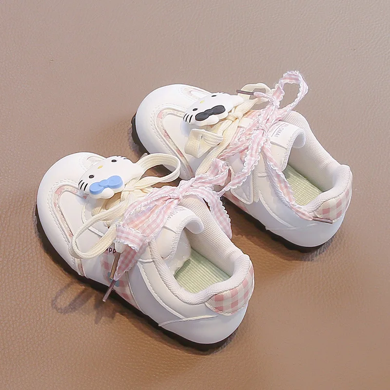 Kinder-Freizeitschuhe, Turnschuhe, Cartoon-Hallo-Kitty-Schleife, PU-Leder für Mädchen, bedruckt, rutschfest, atmungsaktiv, blau, rosa Schuhe, Größe 28–38