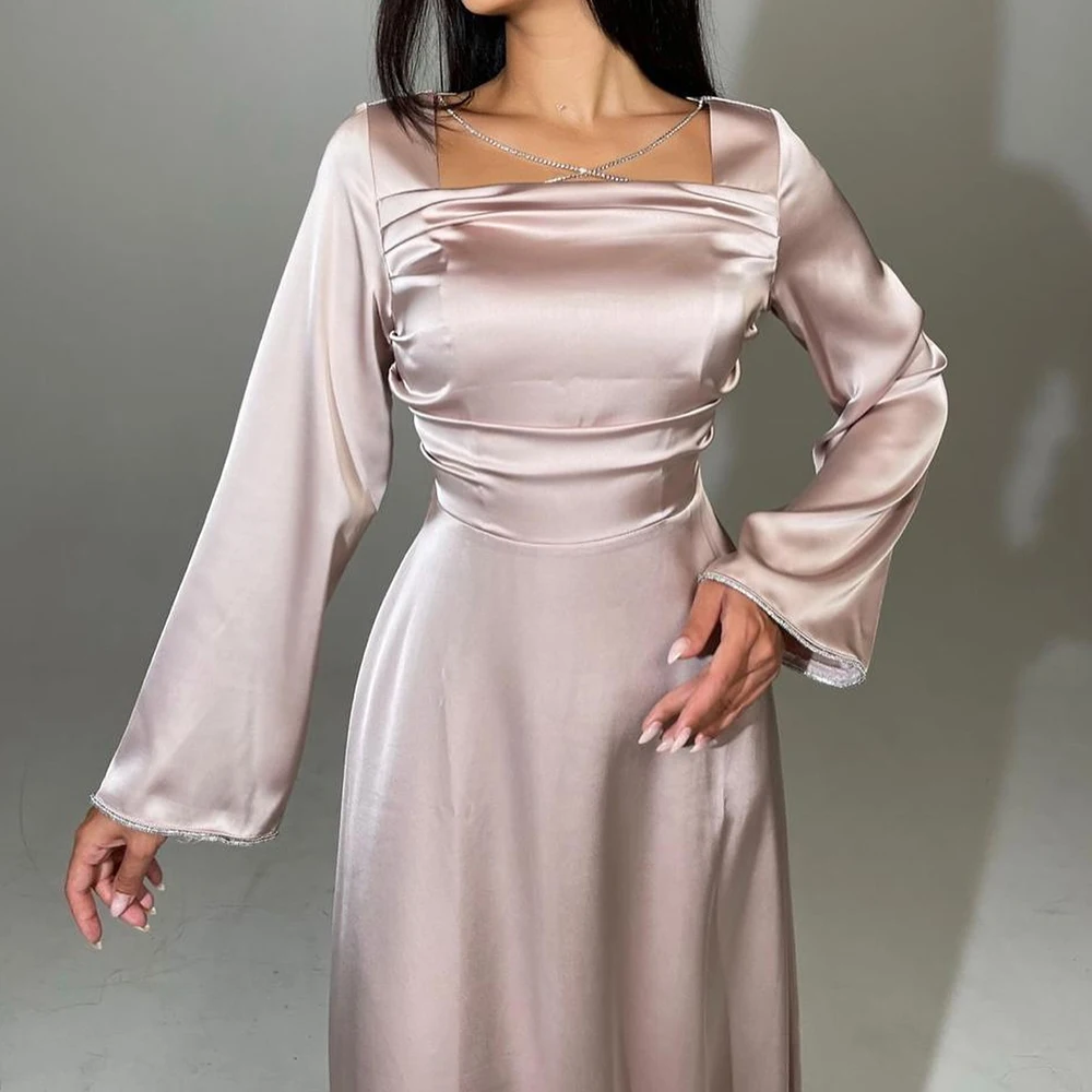 A-Line Ankle Length Square Neck Satin Long Sleeves Evening Dress Beading Zipper Back Temperament Photo Color Saudi Arabia 2024