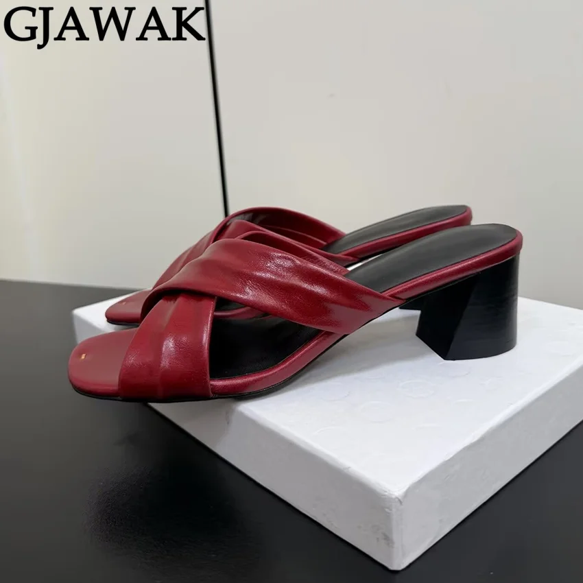 Summer Real Leather Chunky Heels Slippers Women Slides Square Toe Party Shoes For Women Square Toe Mules Women's Slippers