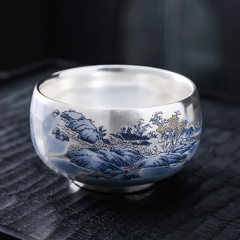 999 Silver Gilded Master Tea Cup Handmade Ceramic with Enamel Decoration Luxury Gongfu Teaware for Collector Gift