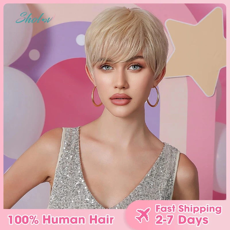 6inch Pixie Cut Wigs for Black Women Short Straight Human Hair Wigs 100% Brazilian Remy Hair 130% Density  613#