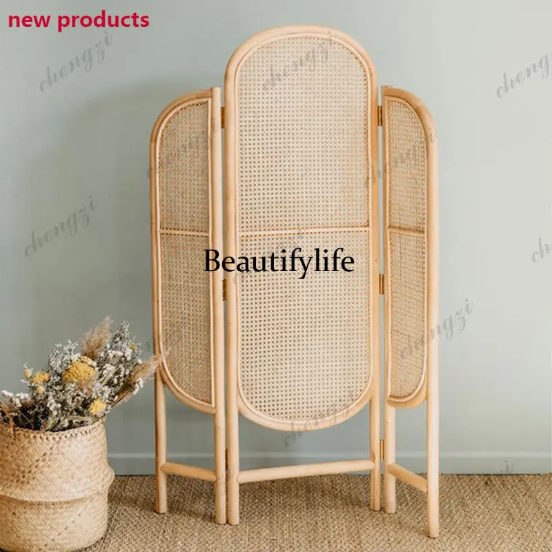 A68Handmade rattan screen, simple homestay indoor movable entrance folding screen restaurant baffle