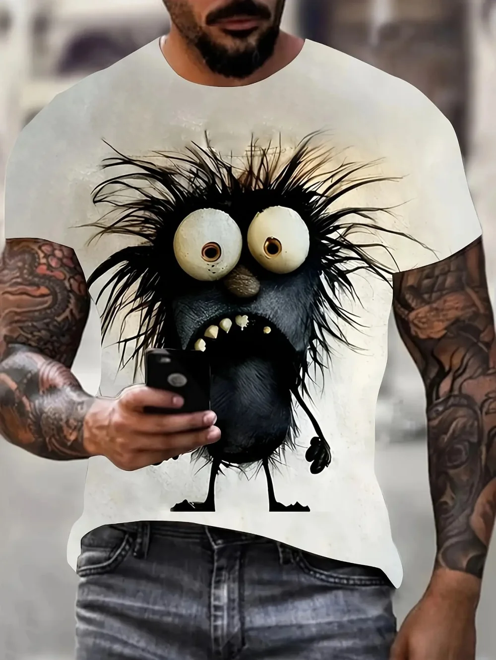 Funny Men's 3D Graphic Print T-Shirt Unique Cartoon Monster Print Summer Fashion Tee Casual Round Neck Plus Size Men's T-Shirts