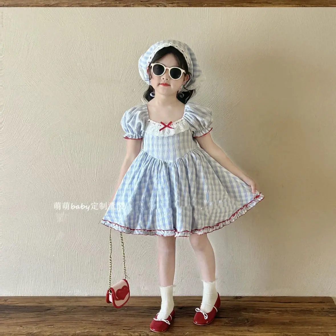 

Baby Girls Summer Square Collar Blue stripes Princess Lace Self-cultivation Dress Birthday Holiday Party Children Clothes