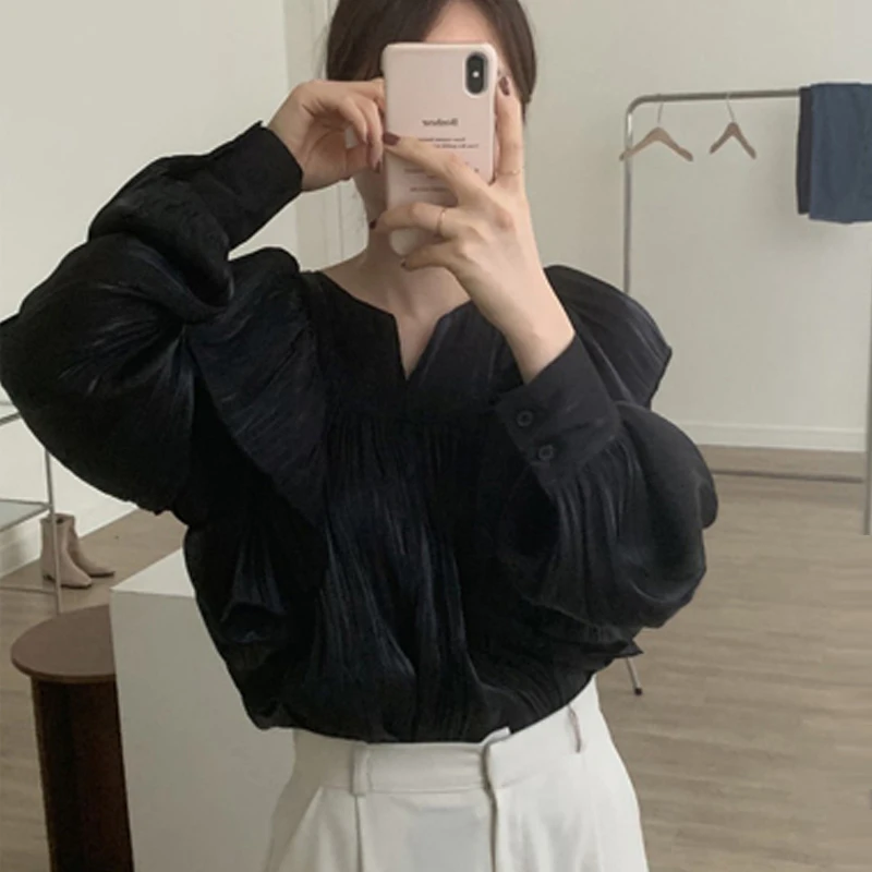 Elegant Women Loose Ruffled Blouse New Lantern Long Sleeve Korean Fashion Pleated Shirt Casual Simple Spring Autumn Tops 201