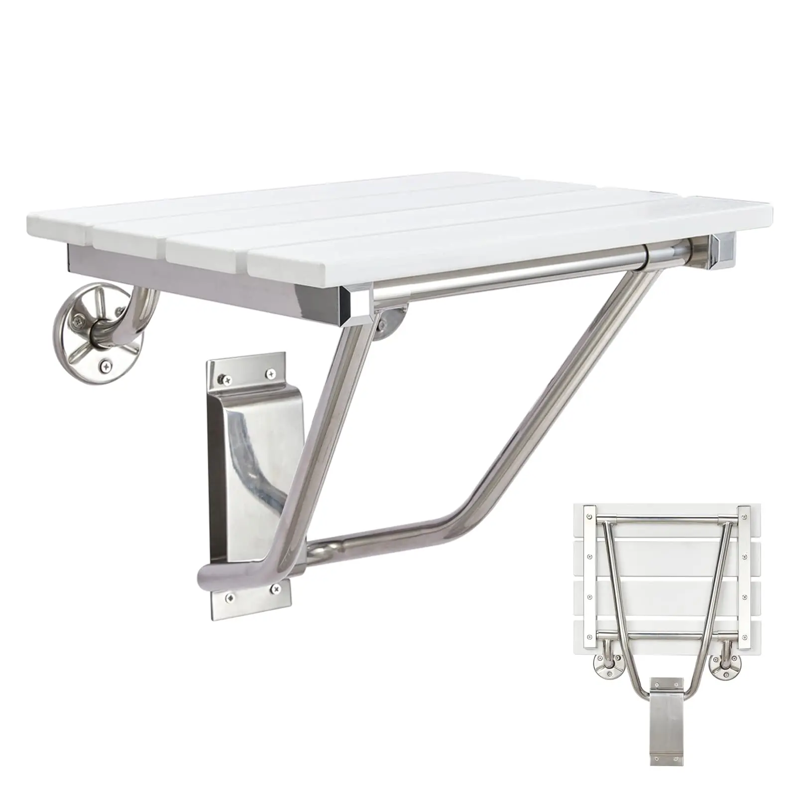 

Folding Wall Mounted Shower Seat Bench Plastic Wood Stainless Steel Frame 350 Lb Capacity