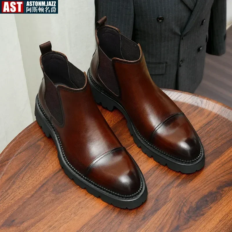 Italian Mens Ankle Chelsea Boots Handmade Quality Genuine Leather Pointed Toe Slip On Autumn Bristish Style Business Shoes Male