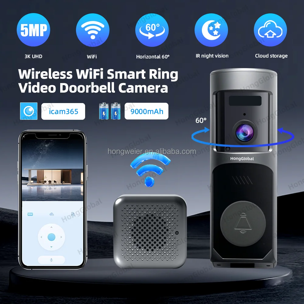 5MP IP Ring Battery Bell Door Surveil Video Doorbell Security Camera ICam365 WiFi Ring Smart Wireless Doorbell Camera